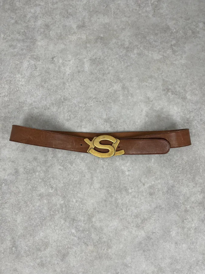 2000s Yves Saint Laurent Signature Buckle Brown Leather Belt rzQsJQR 2