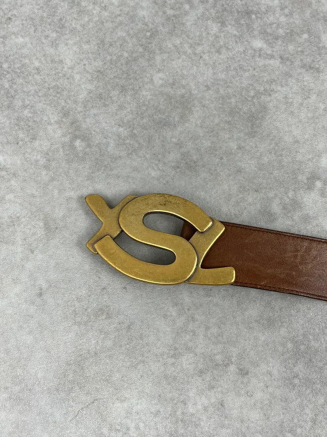 2000s Yves Saint Laurent Signature Buckle Brown Leather Belt rzQsJQR 5