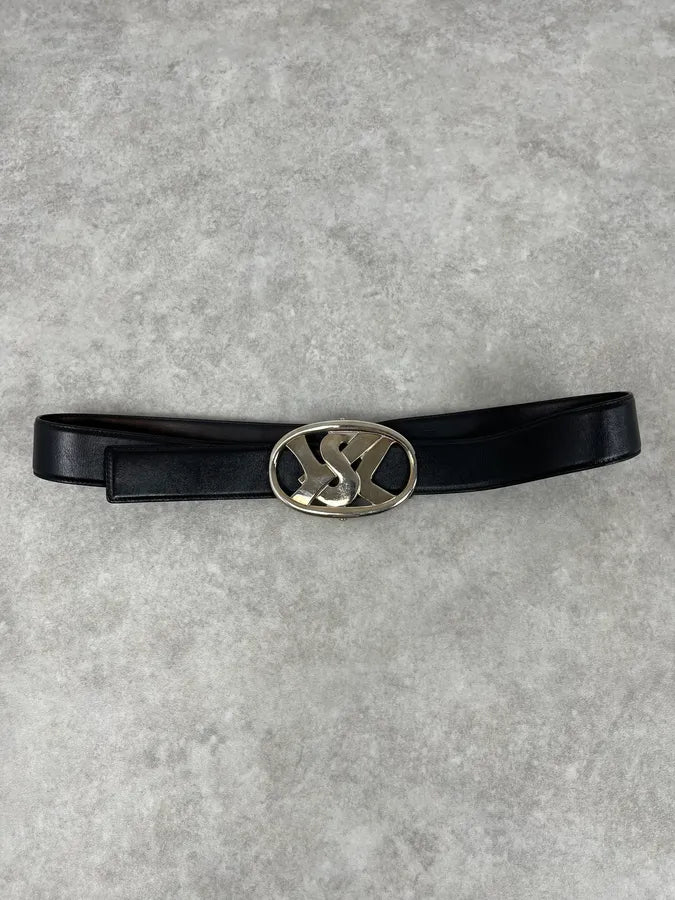AW2003 Yves Saint Laurent Silver Buckle Black Leather Belt OFbTfZK 3