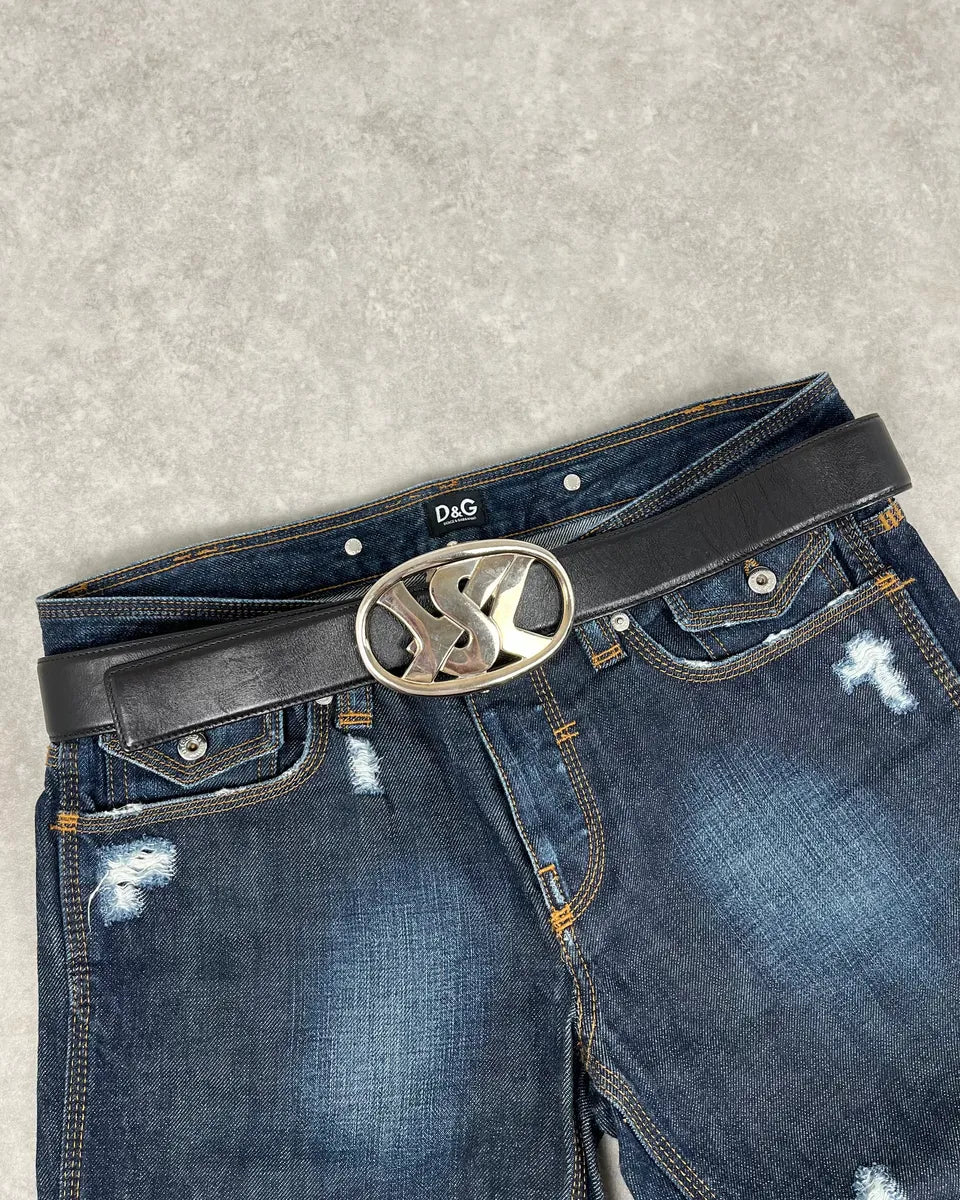 AW2003 Yves Saint Laurent Silver Buckle Black Leather Belt OFbTfZK 0