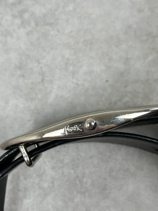 AW2003 Yves Saint Laurent Silver Buckle Black Leather Belt OFbTfZK 7