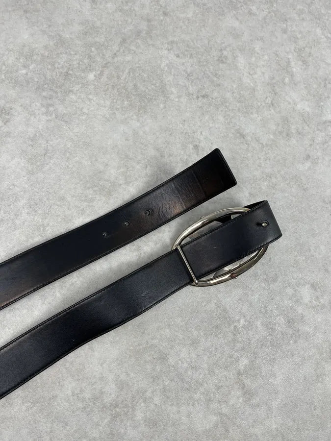 AW2003 Yves Saint Laurent Silver Buckle Black Leather Belt OFbTfZK 5
