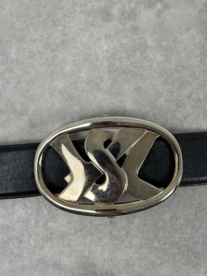 AW2003 Yves Saint Laurent Silver Buckle Black Leather Belt OFbTfZK 6