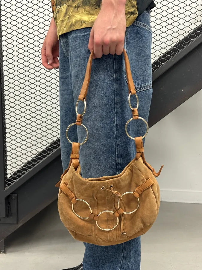 2000s Yves Saint Laurent Tan Nubuck Ring-Detail Shoulder Bag NNawMko 1