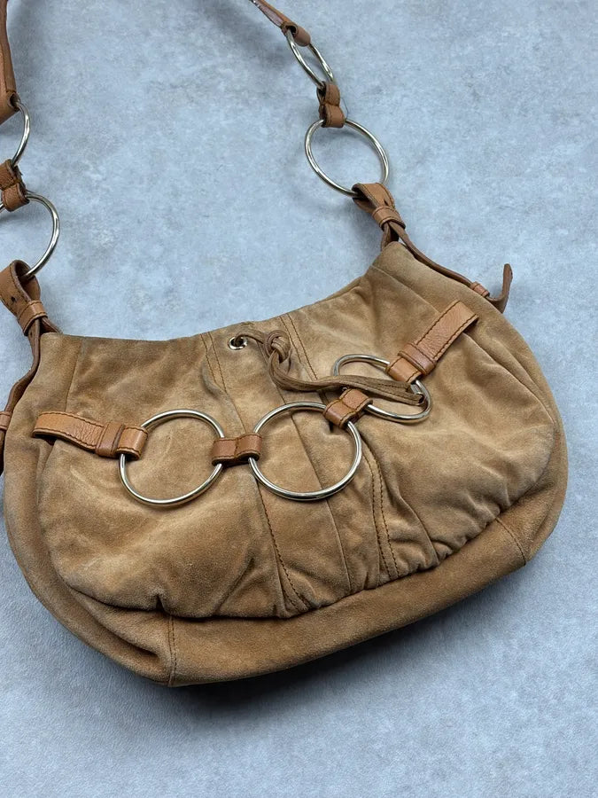 2000s Yves Saint Laurent Tan Nubuck Ring-Detail Shoulder Bag NNawMko 4