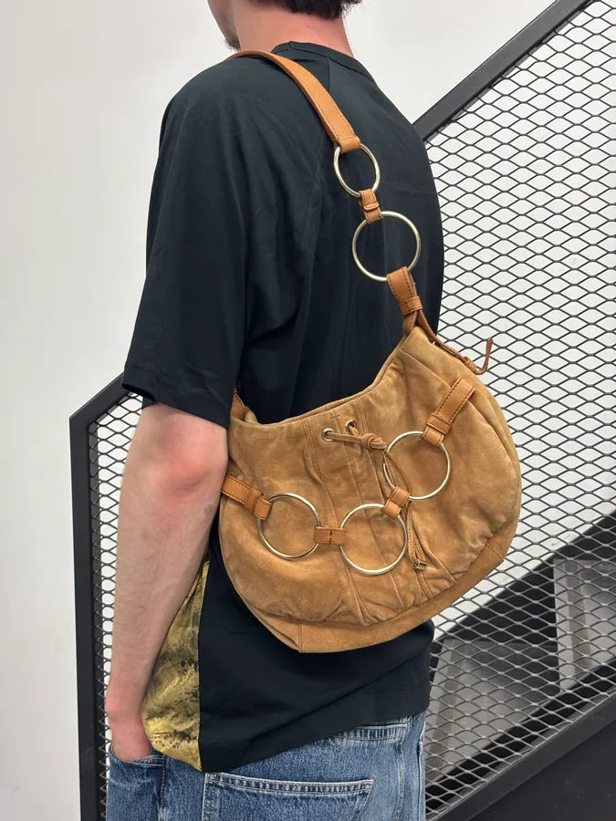 2000s Yves Saint Laurent Tan Nubuck Ring-Detail Shoulder Bag NNawMko 2