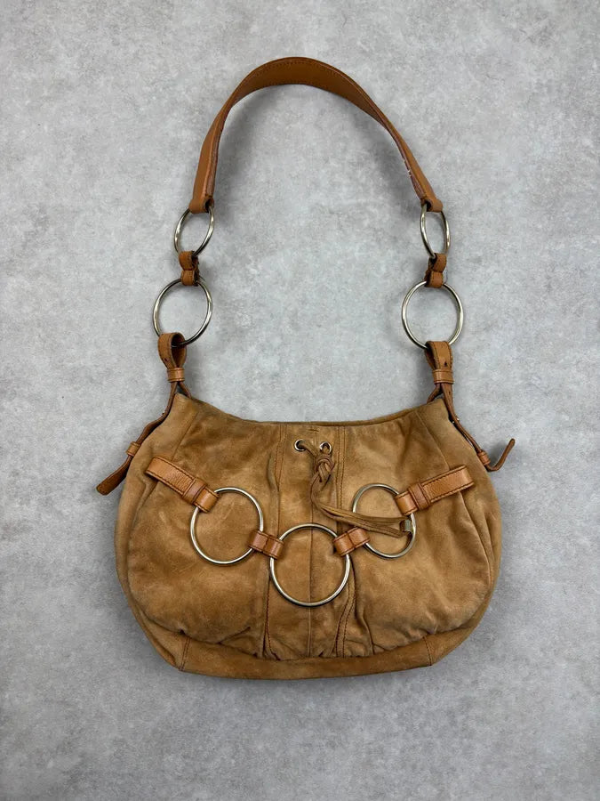 2000s Yves Saint Laurent Tan Nubuck Ring-Detail Shoulder Bag NNawMko 0