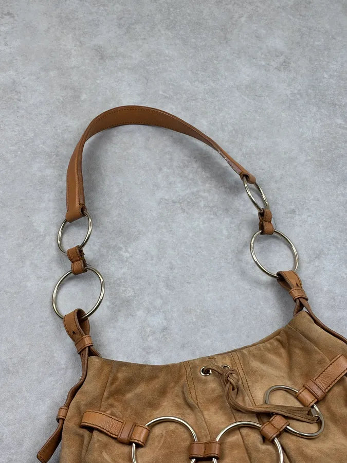 2000s Yves Saint Laurent Tan Nubuck Ring-Detail Shoulder Bag NNawMko 3