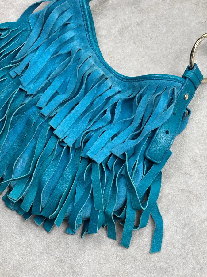 2000s Yves Saint Laurent Turquoise Suede Fringe Mombasa Shoulder Bag zwHPGaK 12