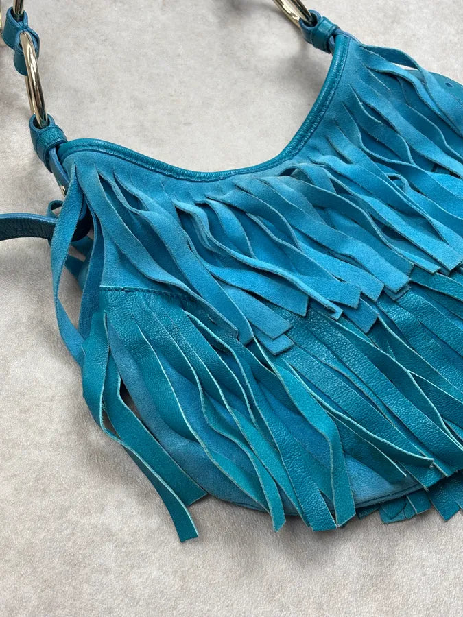 2000s Yves Saint Laurent Turquoise Suede Fringe Mombasa Shoulder Bag zwHPGaK 13