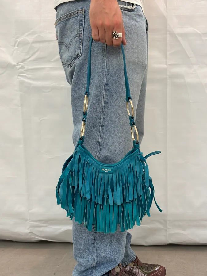 2000s Yves Saint Laurent Turquoise Suede Fringe Mombasa Shoulder Bag zwHPGaK 2