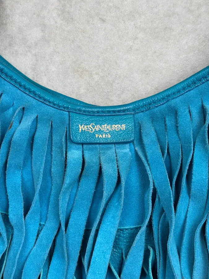 2000s Yves Saint Laurent Turquoise Suede Fringe Mombasa Shoulder Bag zwHPGaK 5
