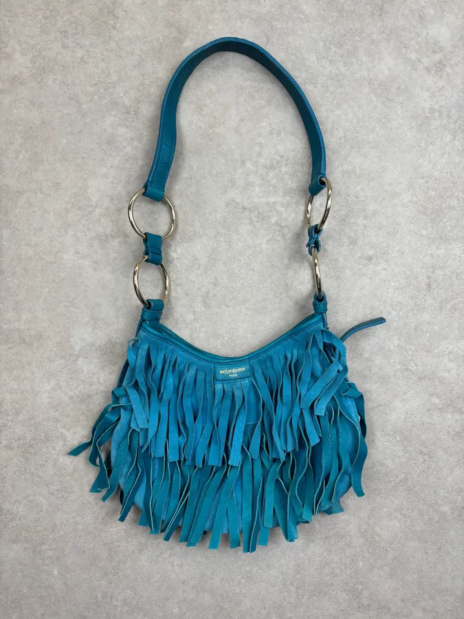 2000s Yves Saint Laurent Turquoise Suede Fringe Mombasa Shoulder Bag zwHPGaK 0