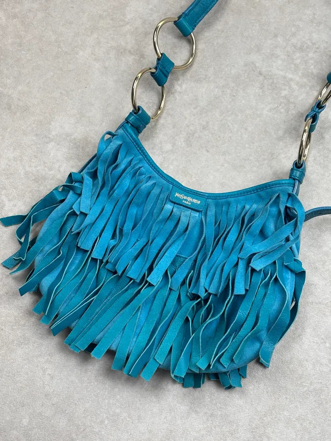 2000s Yves Saint Laurent Turquoise Suede Fringe Mombasa Shoulder Bag zwHPGaK 4