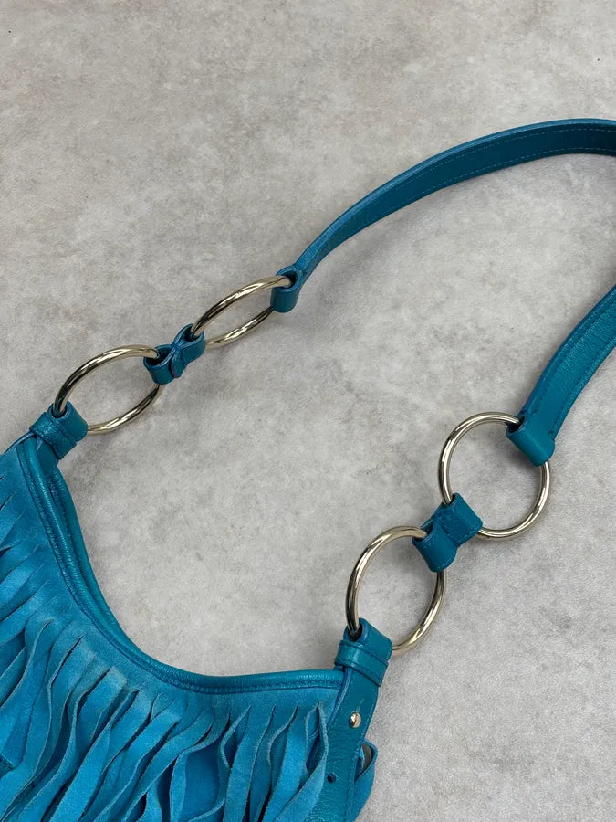 2000s Yves Saint Laurent Turquoise Suede Fringe Mombasa Shoulder Bag zwHPGaK 10