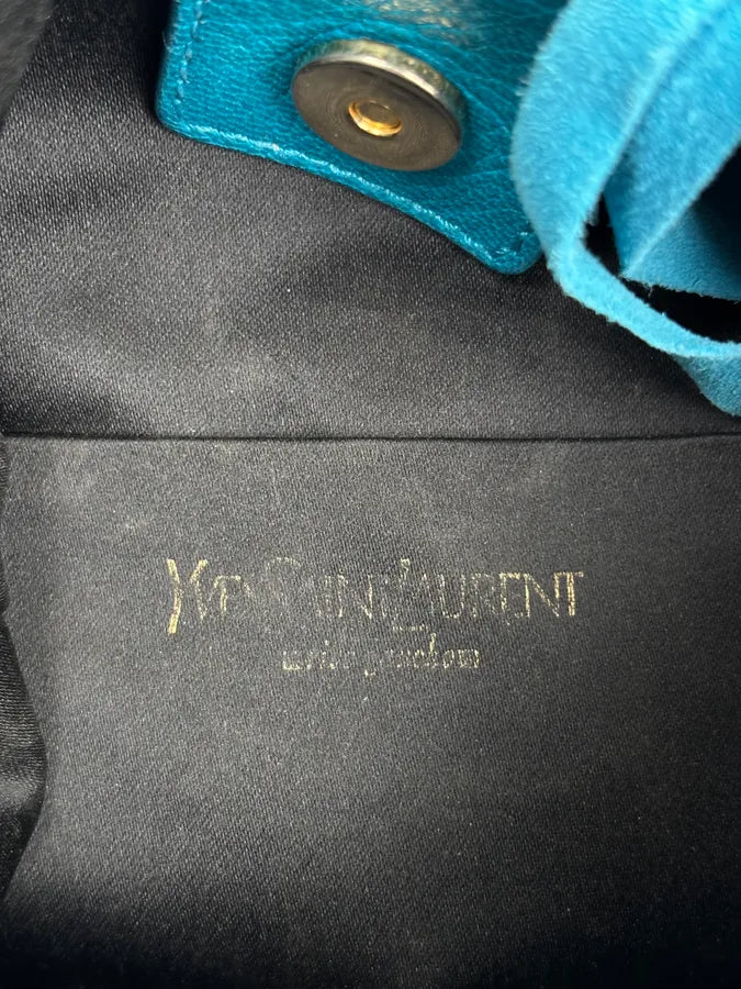 2000s Yves Saint Laurent Turquoise Suede Fringe Mombasa Shoulder Bag zwHPGaK 16