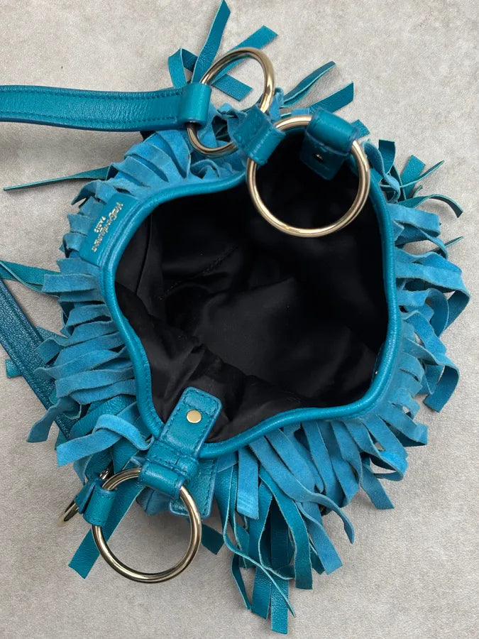 2000s Yves Saint Laurent Turquoise Suede Fringe Mombasa Shoulder Bag zwHPGaK 15
