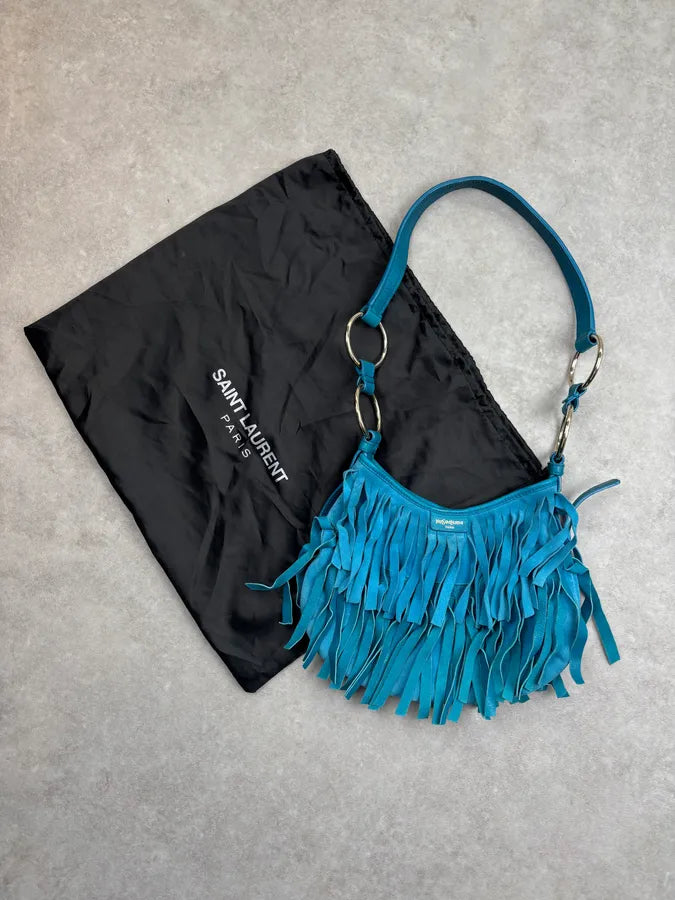 2000s Yves Saint Laurent Turquoise Suede Fringe Mombasa Shoulder Bag zwHPGaK 1
