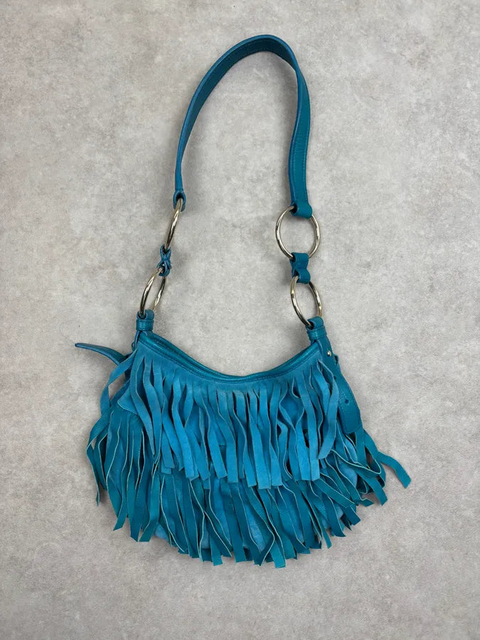 2000s Yves Saint Laurent Turquoise Suede Fringe Mombasa Shoulder Bag zwHPGaK 11