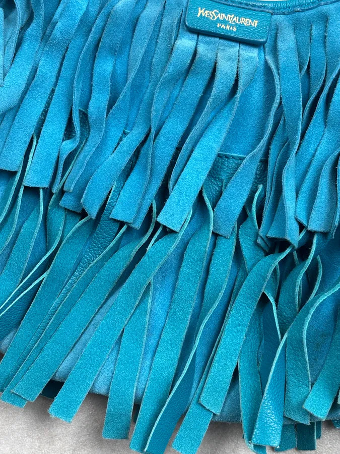 2000s Yves Saint Laurent Turquoise Suede Fringe Mombasa Shoulder Bag zwHPGaK 6