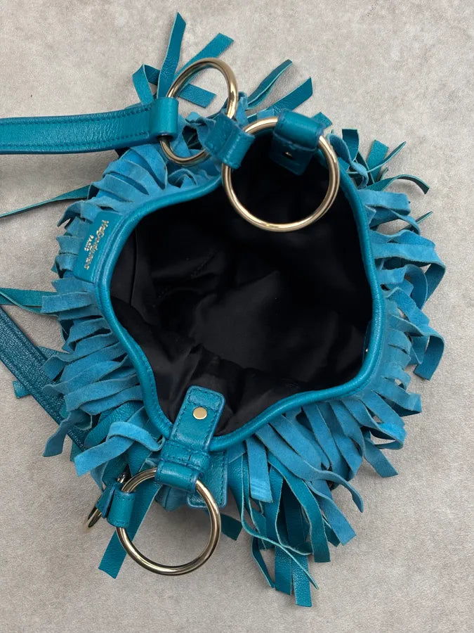 2000s Yves Saint Laurent Turquoise Suede Fringe Mombasa Shoulder Bag zwHPGaK 14