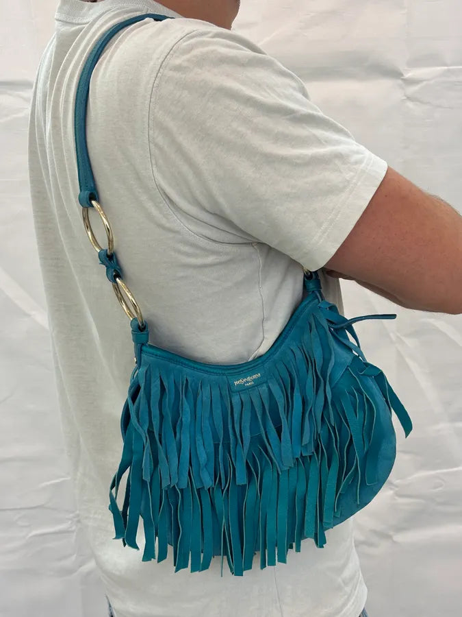 2000s Yves Saint Laurent Turquoise Suede Fringe Mombasa Shoulder Bag zwHPGaK 3