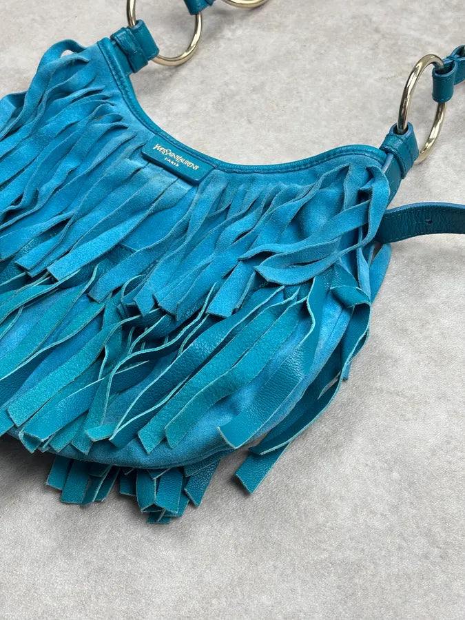 2000s Yves Saint Laurent Turquoise Suede Fringe Mombasa Shoulder Bag zwHPGaK 8