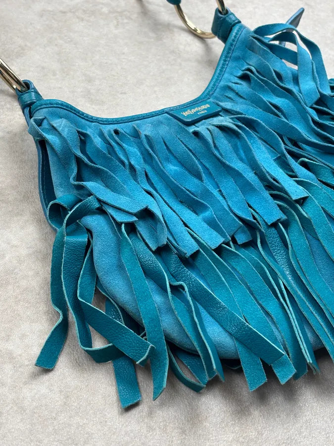 2000s Yves Saint Laurent Turquoise Suede Fringe Mombasa Shoulder Bag zwHPGaK 9