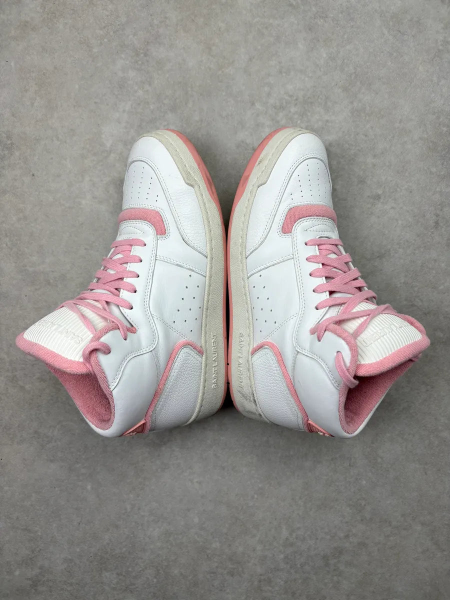 Saint Laurent White & Pink Leather High Contrast Sneakers aAivBlW 5