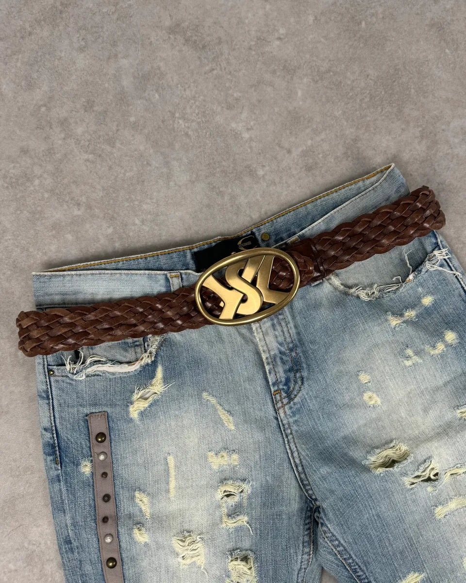 AW2003 Yves Saint Laurent YSL Brown Woven Leather Braided Belt WbirZIv 0