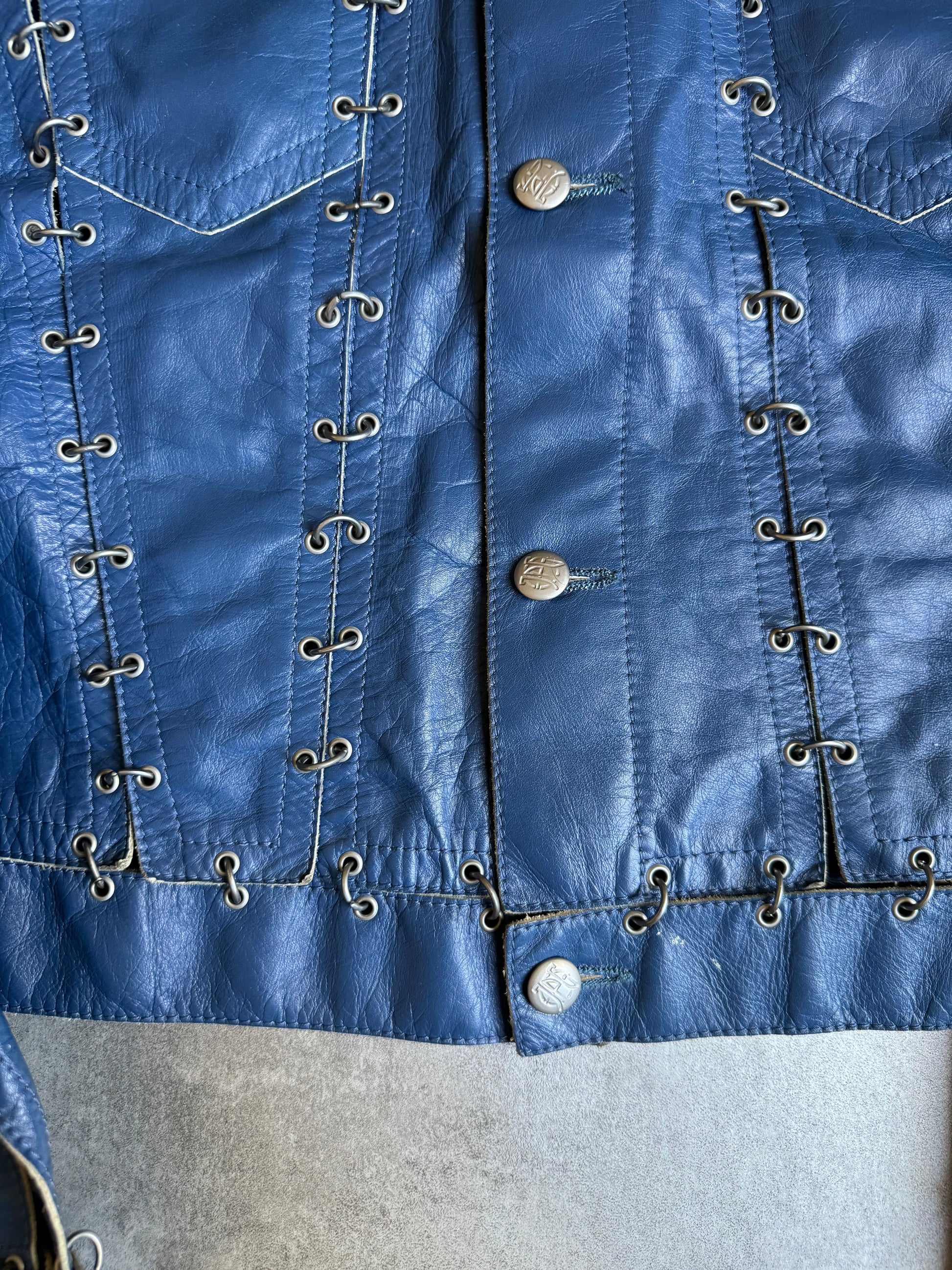 SS2003 Jean Paul Gaultier Pierced Blue Leather Trucker Jacket  (M) - 8