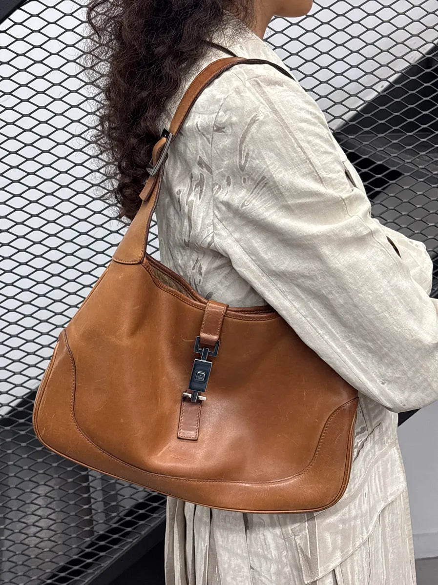 2000s Gucci Tan Leather Jackie Lock Hobo Shoulder Bag yxpwErLr 2