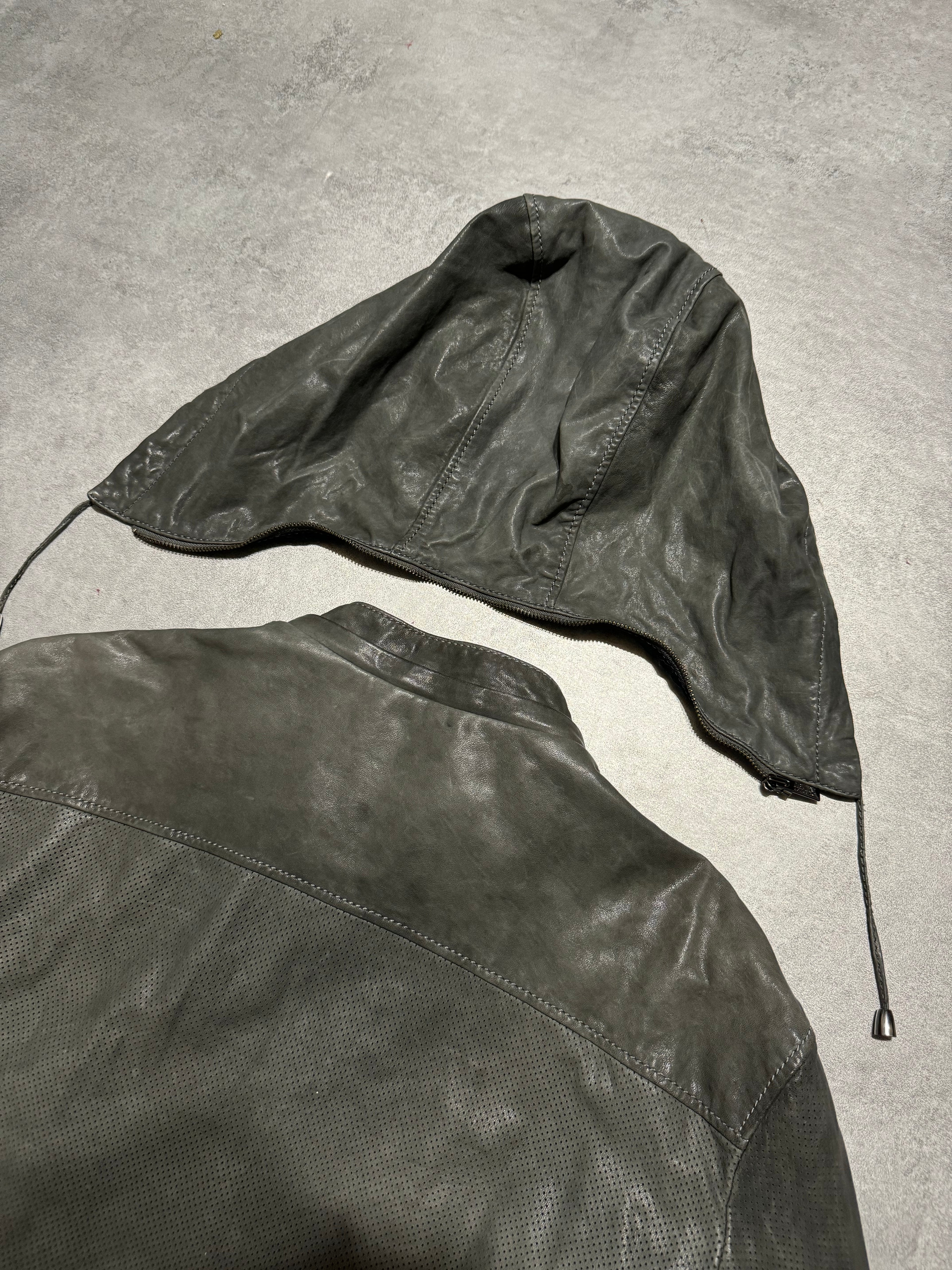 AW1998 Armani Collezioni Hooded Perfored Grey Leather Jacket (L) - 7