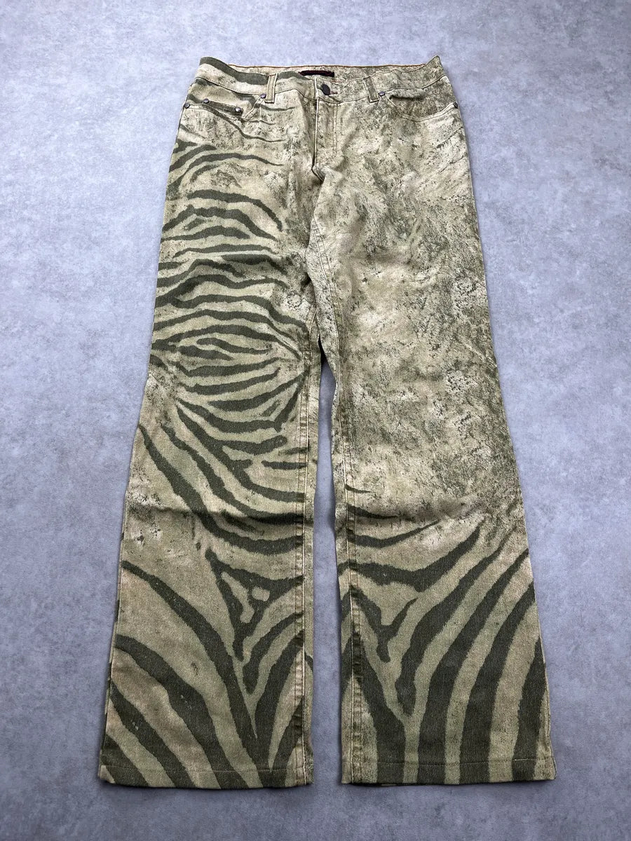 2000s Roberto Cavalli Safari Zebra Green Pants zInEhejW 0