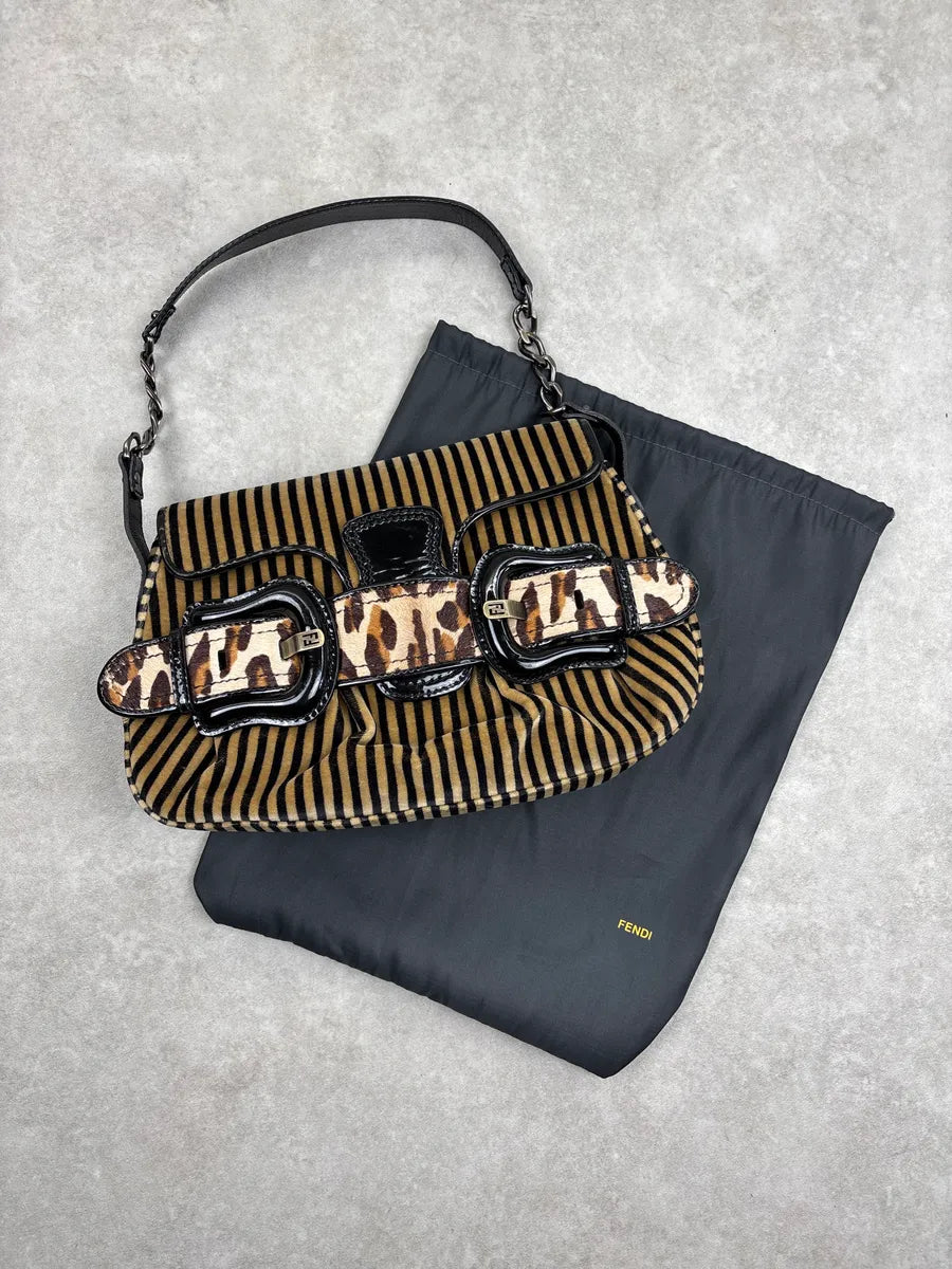 2000s Fendi Camel Velvet Leopard Pony Hair Buckle Striped Shoulder Bag zJXiPLvZ 1