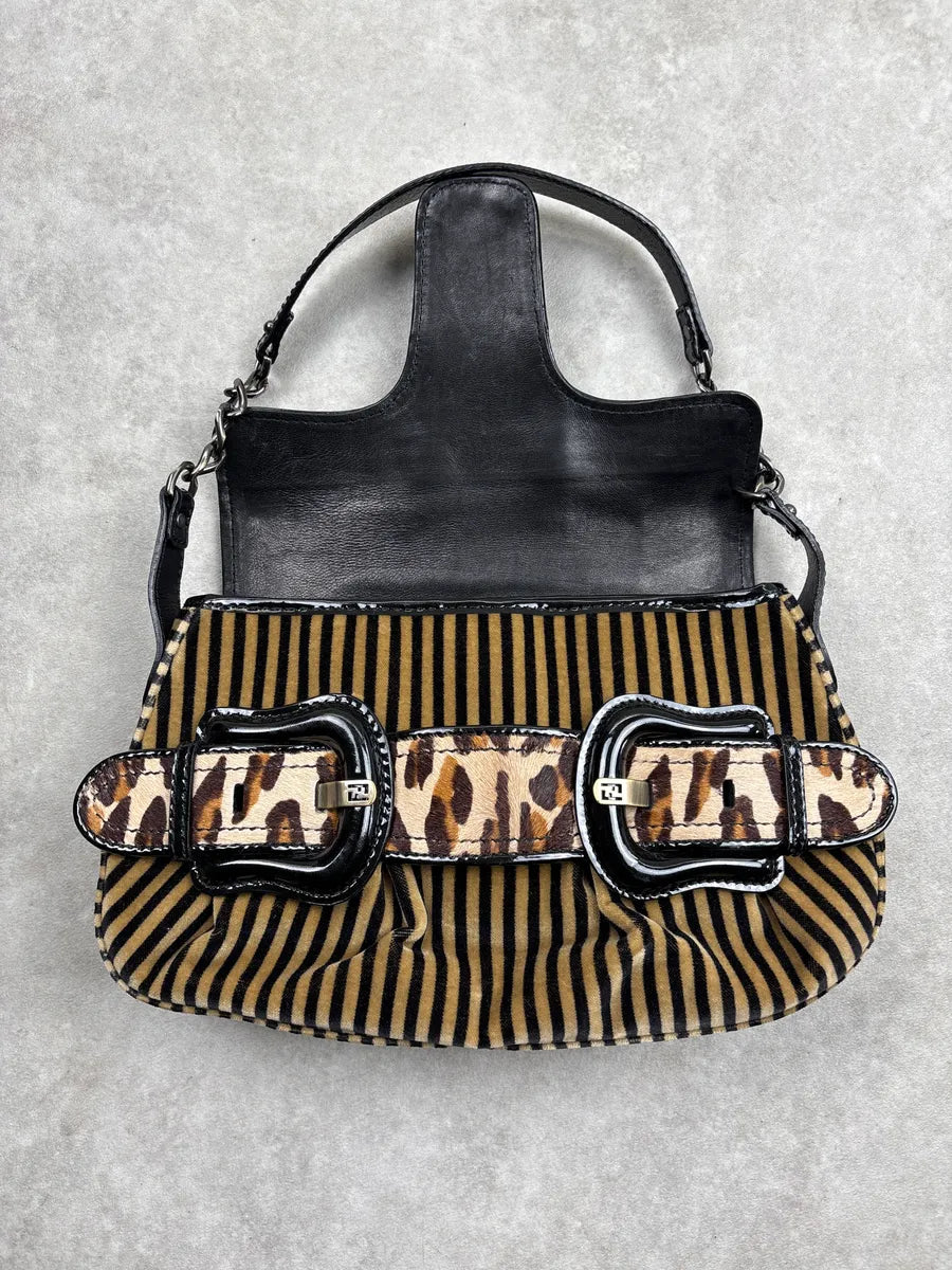 2000s Fendi Camel Velvet Leopard Pony Hair Buckle Striped Shoulder Bag zJXiPLvZ 7