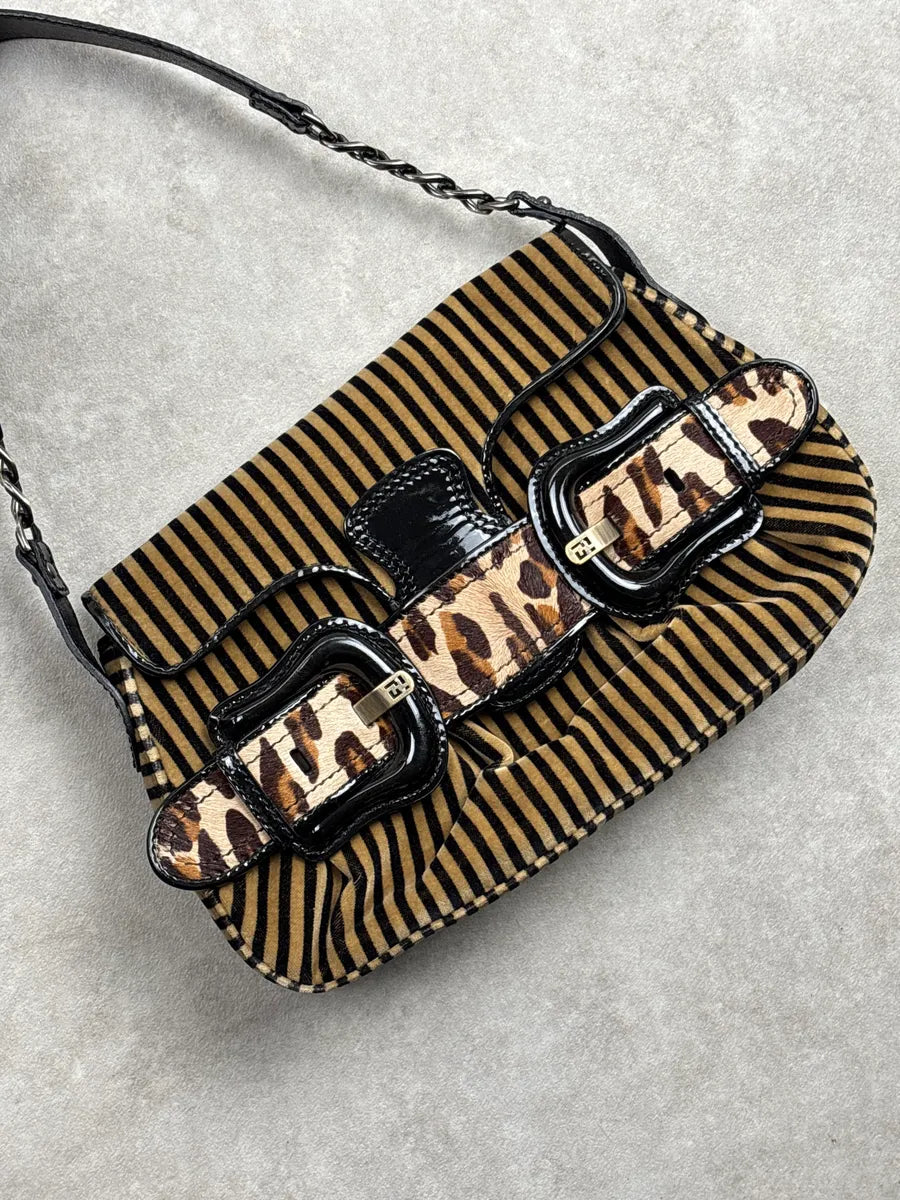 2000s Fendi Camel Velvet Leopard Pony Hair Buckle Striped Shoulder Bag zJXiPLvZ 8
