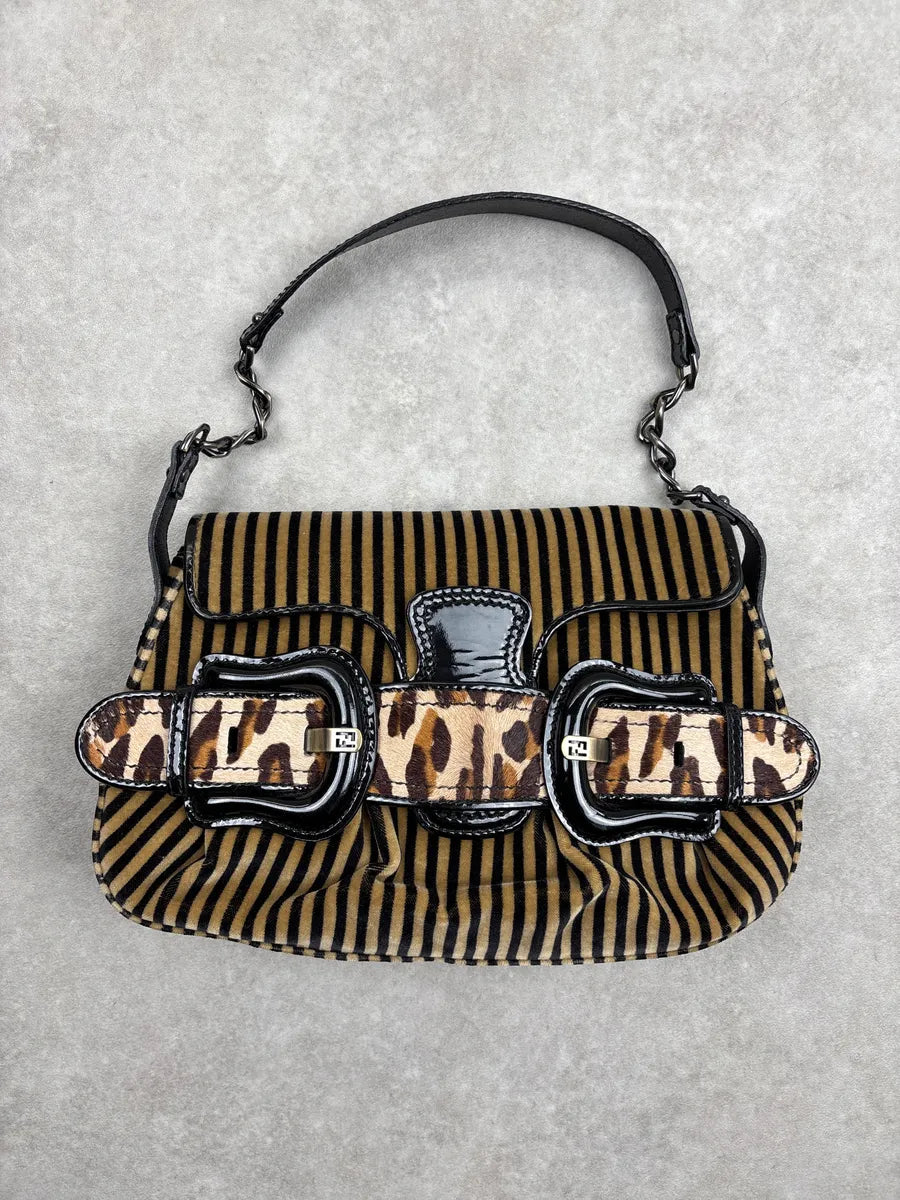2000s Fendi Camel Velvet Leopard Pony Hair Buckle Striped Shoulder Bag zJXiPLvZ 0