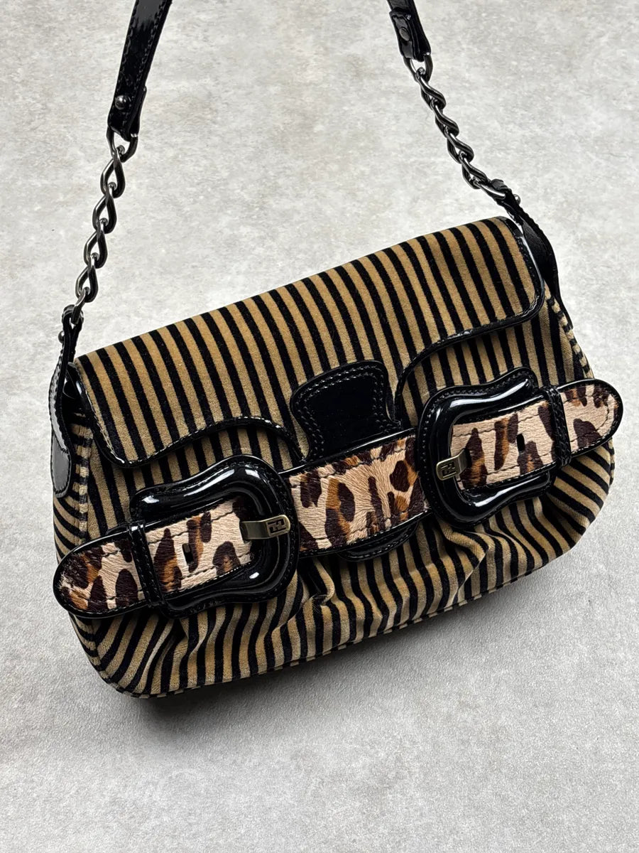 2000s Fendi Camel Velvet Leopard Pony Hair Buckle Striped Shoulder Bag zJXiPLvZ 5