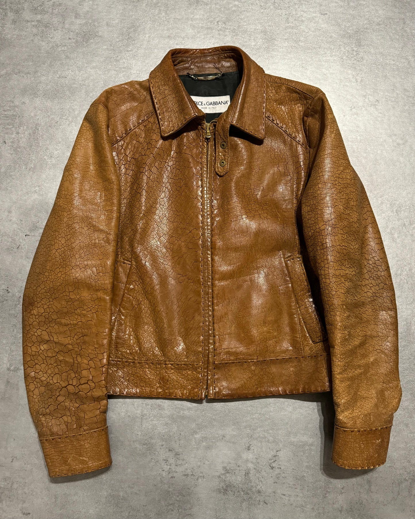 SS2001 Dolce & Gabbana Cracked Brown Italian Pure Leather Jacket (M/L) - 1