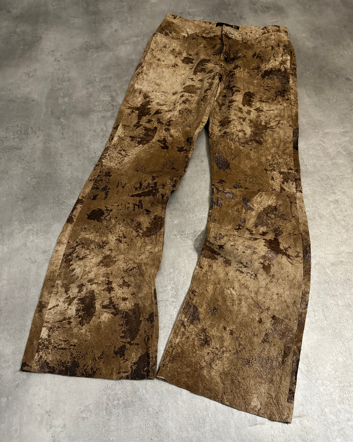 AW2004 Cavalli Textured Brown Eroded Camouflage Leather Pants (M) - 12