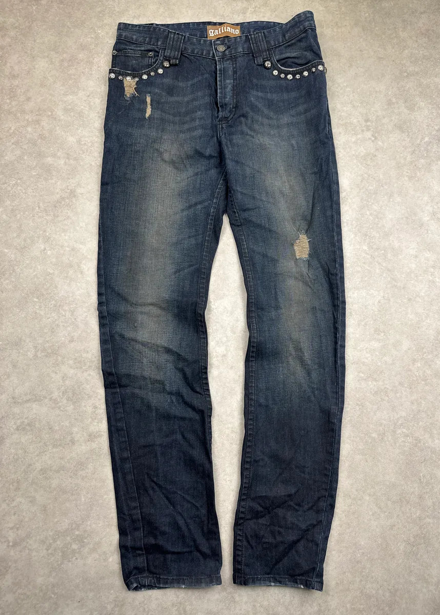AW2010 Galliano Dark Navy Wash Denim Studded Distressed Jeans zPyNVpsD 0
