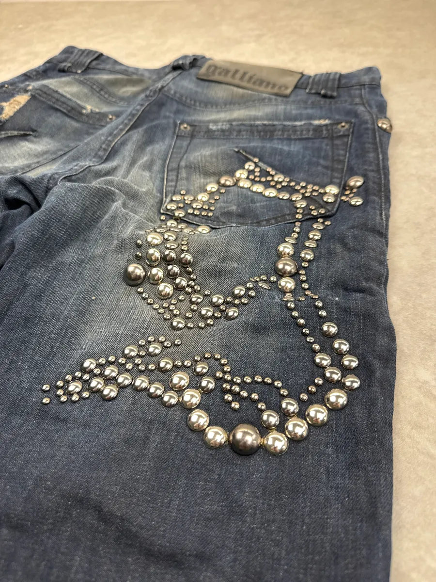 AW2010 Galliano Dark Navy Wash Denim Studded Distressed Jeans zPyNVpsD 9