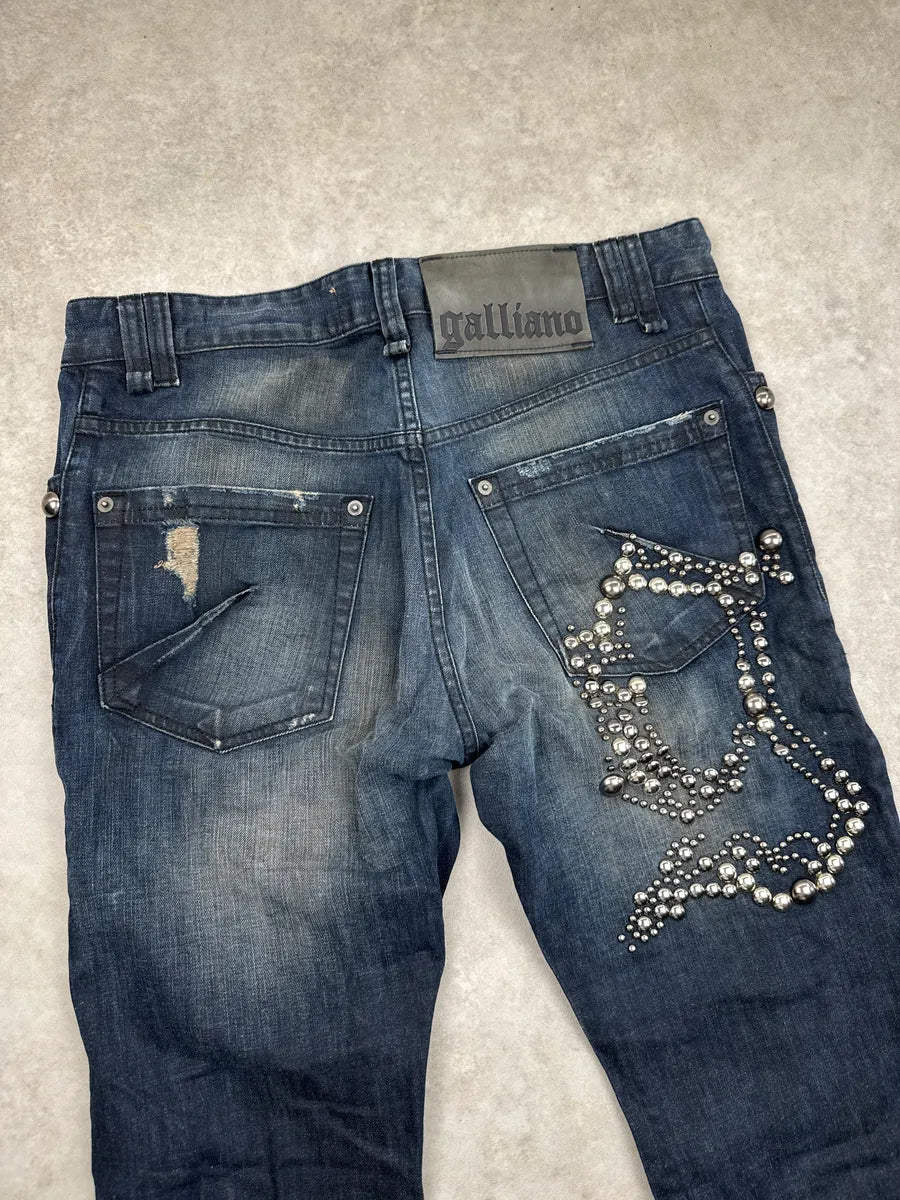 AW2010 Galliano Dark Navy Wash Denim Studded Distressed Jeans zPyNVpsD 10