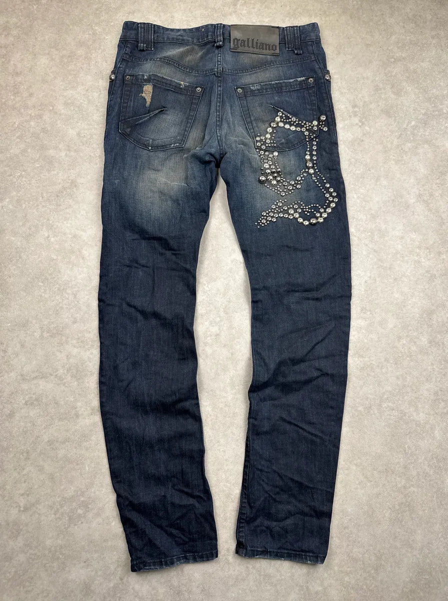 AW2010 Galliano Dark Navy Wash Denim Studded Distressed Jeans zPyNVpsD 4