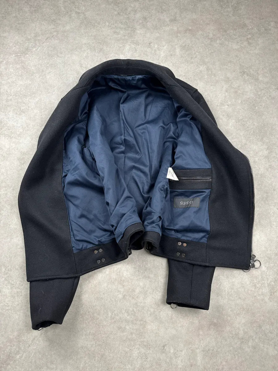 AW2009 Gucci Black Wool & Leather Biker Zip Perfecto Jacket by Frida Giannini zXzrbenv 4