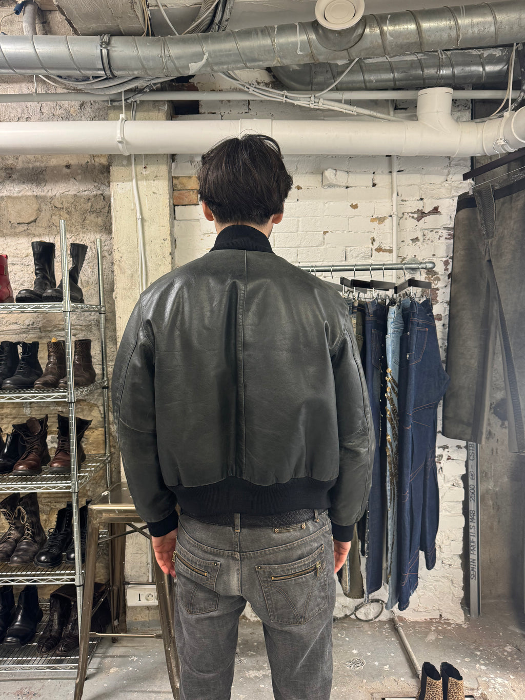 1990s Armani Leather Patina Black Premium Italian Bomber Jacket  (M/L) - 11