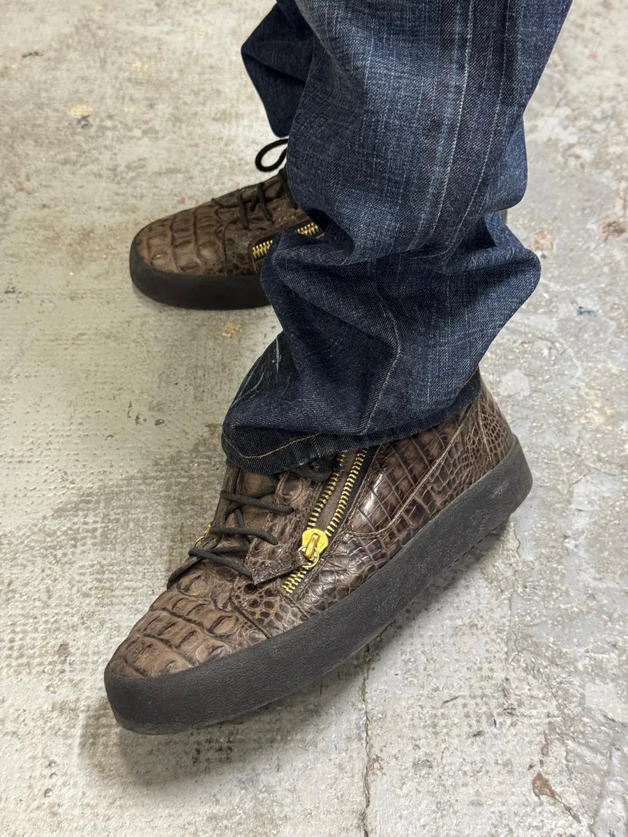 Zanotti Brown Crocodile Effect Leather Zips Sneakers AToTAHi 1