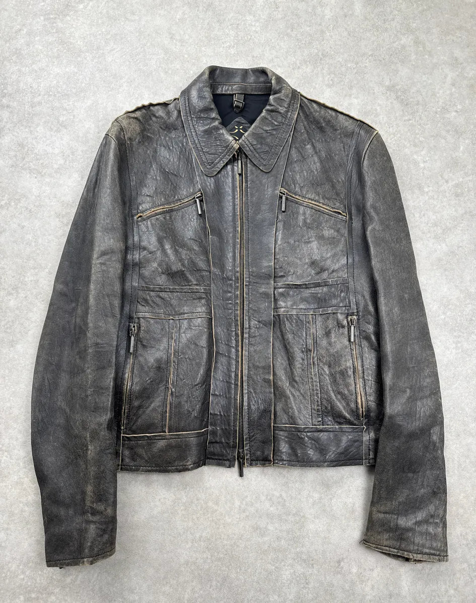 AW2005 Cavalli Dark Grey Eroded Biker Leather Jacket zbscpaMs 0