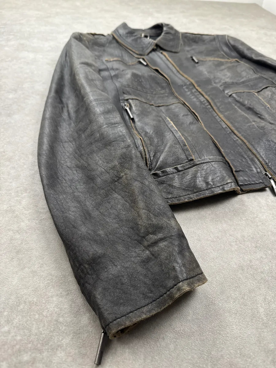 AW2005 Cavalli Dark Grey Eroded Biker Leather Jacket zbscpaMs 8